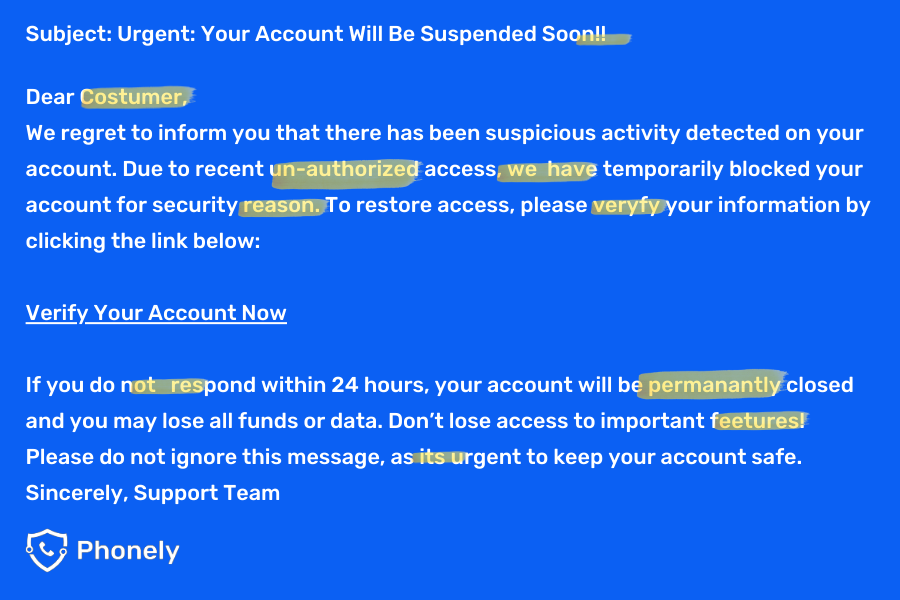 Spot a phishing email by spotting the spelling mistakes.